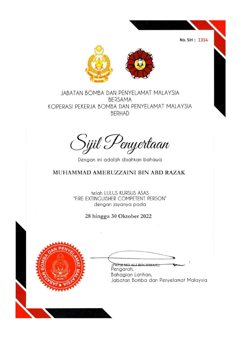 Jabatan Bomba dan Penyelamat Malaysia certification